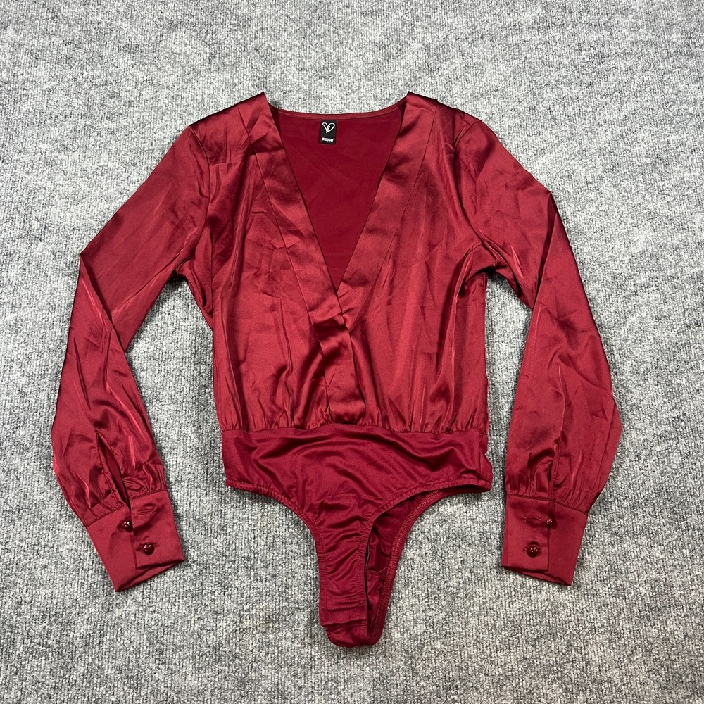 Windsor Satin Chic Wrap Front Bodysuit Women Burgundy Stretch Snap Button V Neck